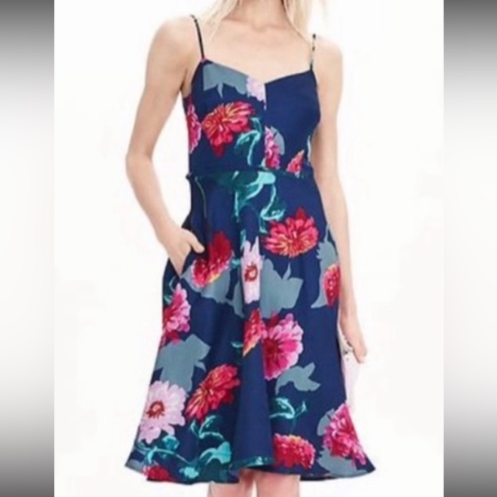 Banana Republic Navy Floral Dress Pockets Size 12